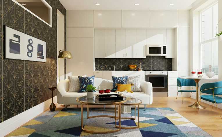 bold colored geometric area rug in open concept 80s style living room kitchen 